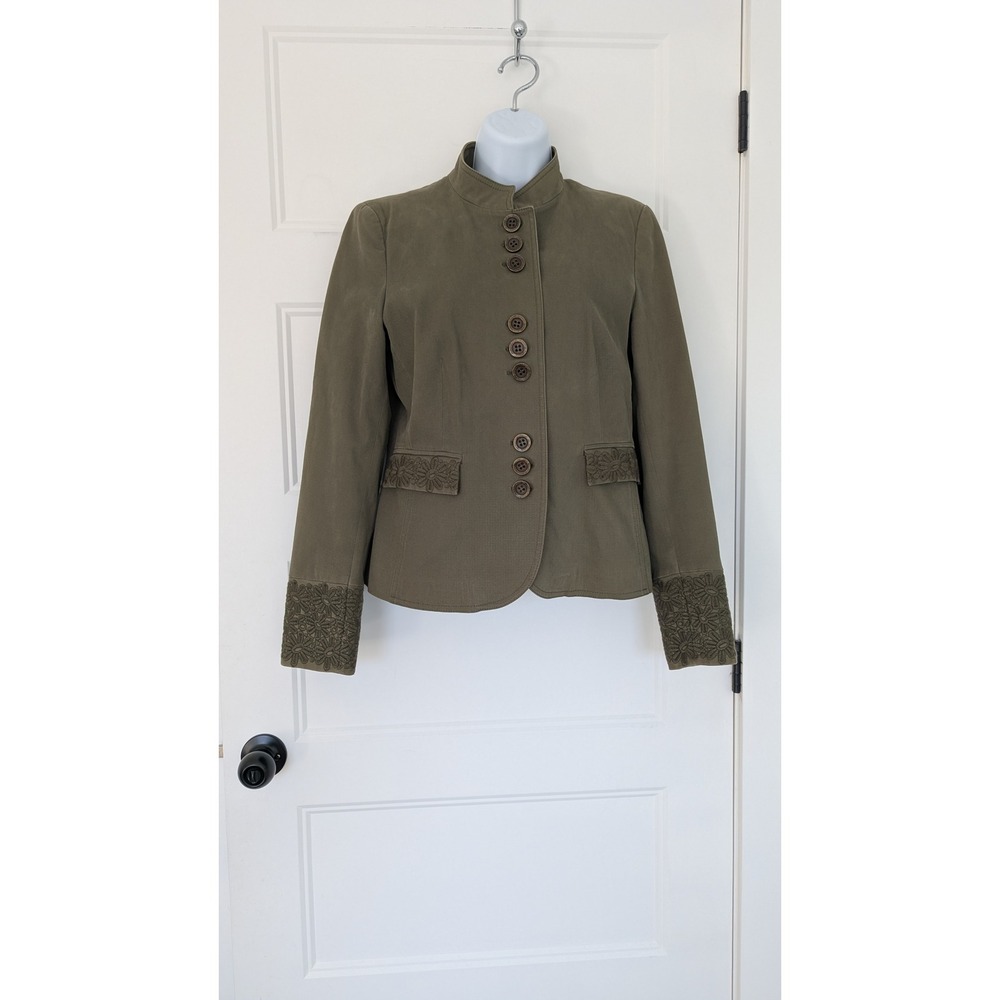 Marella Italy Olive Green Embroidered Blazer Jacket Mandarin‎ Collar Size 8